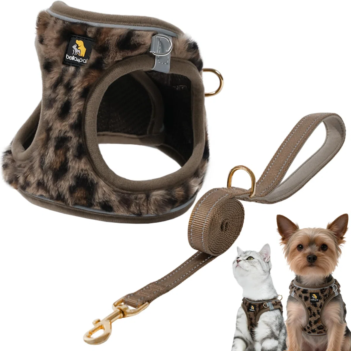 BELLA & PAL Pettorina Cane Taglia Piccola, Pettorine per Cuccioli con Guinzaglio, Step In | Riflettente| in Morbido Peluche, Imbracatura per Cani Piccoli, Marrone Leopardo, XXS