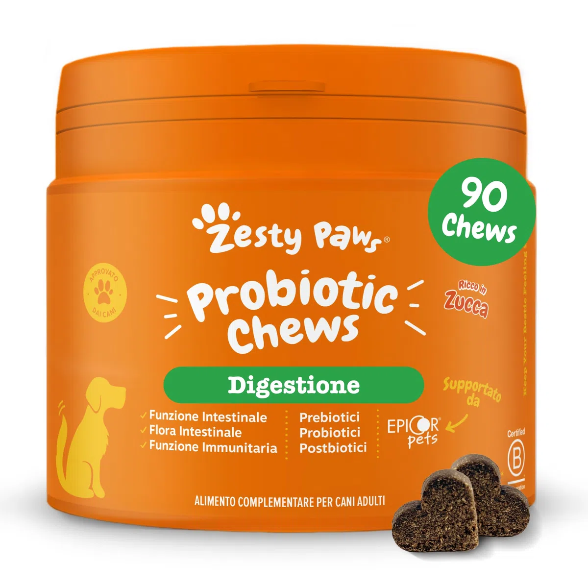 Zesty Paws Probiotici per Cani – Supporta Salute Intestinale, Digestione – con Pre, PRO e Postbiotici, Zucca e Semi di Lino – Equilibrio Digestivo – 90 Bocconcini