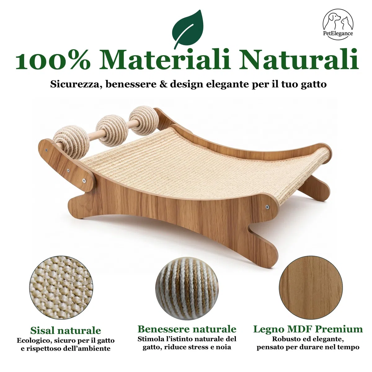PetElegance -Tiragraffi per Gatti XXL - 3 in 1 con Palline Gioco - MDF e Sisal Naturale – Tiragraffi per Gatti Adulti Grandi, Centro Gioco e Relax - Design Elegante