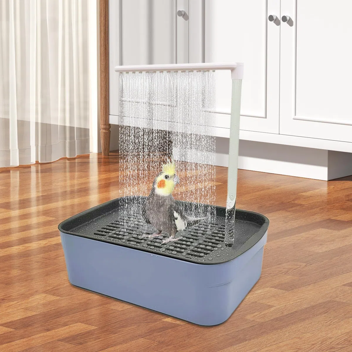 Vasca da bagno automatica per uccelli, vasca da bagno per pappagalli e pappagalli, 31,5 x 21,5 x 34 cm, per parrocchetto, calopsitta, grigio africano