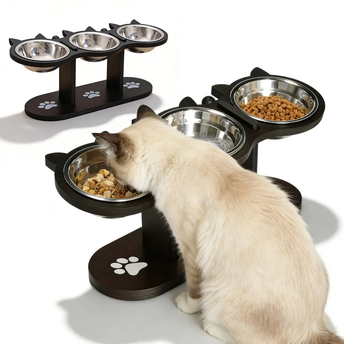 GOMETY Ciotola per gatti 3 in 1, rialzata, set da 3 pezzi, con 3 ciotole in acciaio inox, altezza regolabile, con supporto in legno, ergonomica, per cani (nero)