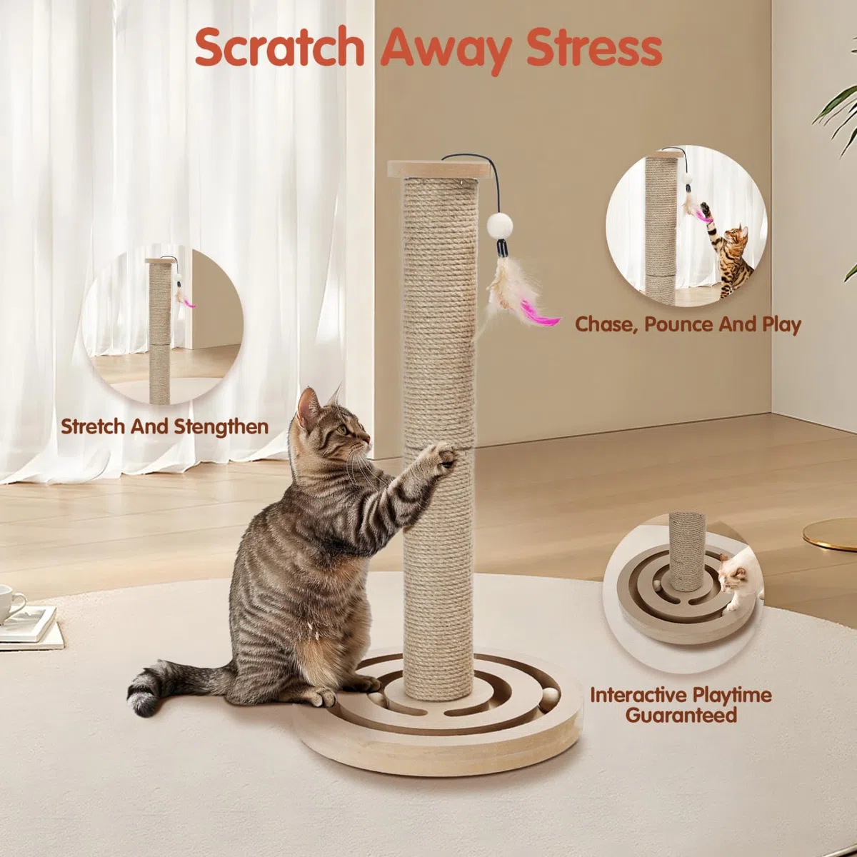 Nobleza Tiragraffi per Gatti in Legno con Palline, Graffiatoio in Sisal Naturale con Piuma, Giocattolo Interattivo 3 in 1, 55x30 cm