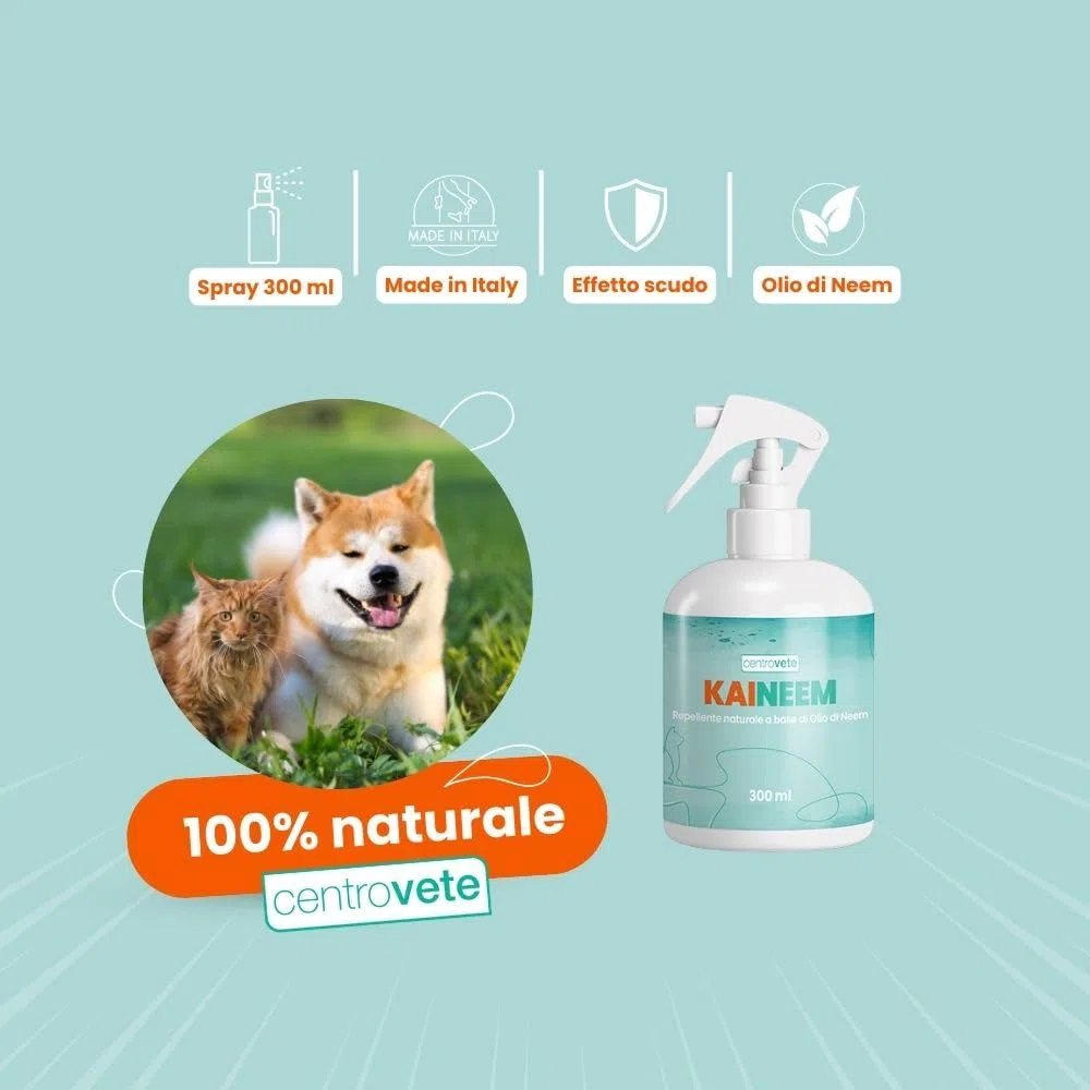 Centrovete - Kaineem Spray Repellente All'Olio di Neem - Per Cani e Gatti - Antiparassitario Naturale con Effetto Barriera Contro Parassiti Esterni - 2 Flaconi Spray da 300ml