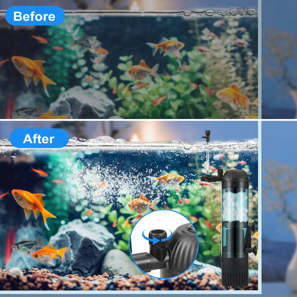 Filtro interno per acquario da 6 W con filtraggio del flusso di 500 l/h, ossigenazione, circolazione per acqua pulita, flusso d'aria regolabile, basso rumore e silenzioso