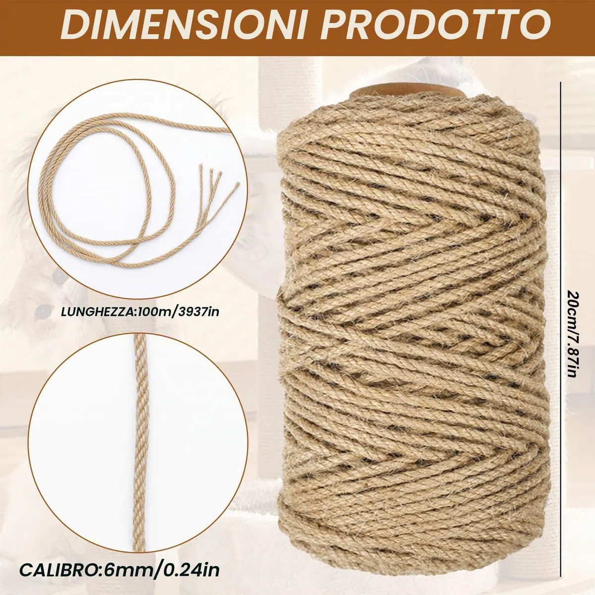 Corda Tiragraffi per Gatti in Juta Naturale 100m x 6mm Corda di Sisal per Gatti, Refil per Tiragraffi Fai da Te per Arrampicata per Casa e Giardino Decorazioni