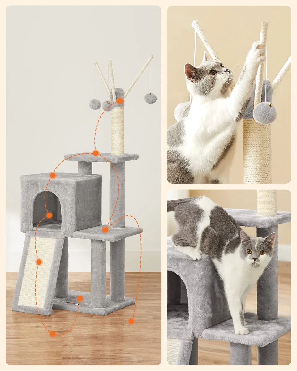 FEANDREA Tiragraffi per Gatti, Albero per Gatti, Grotta per Gattini Micini, Diversi Livelli di Peluche, 42 x 32 x 118 cm, Graffitoio, 3 Bastoncini Pompom Rimovibili, Grigio Chiaro PCT143W01