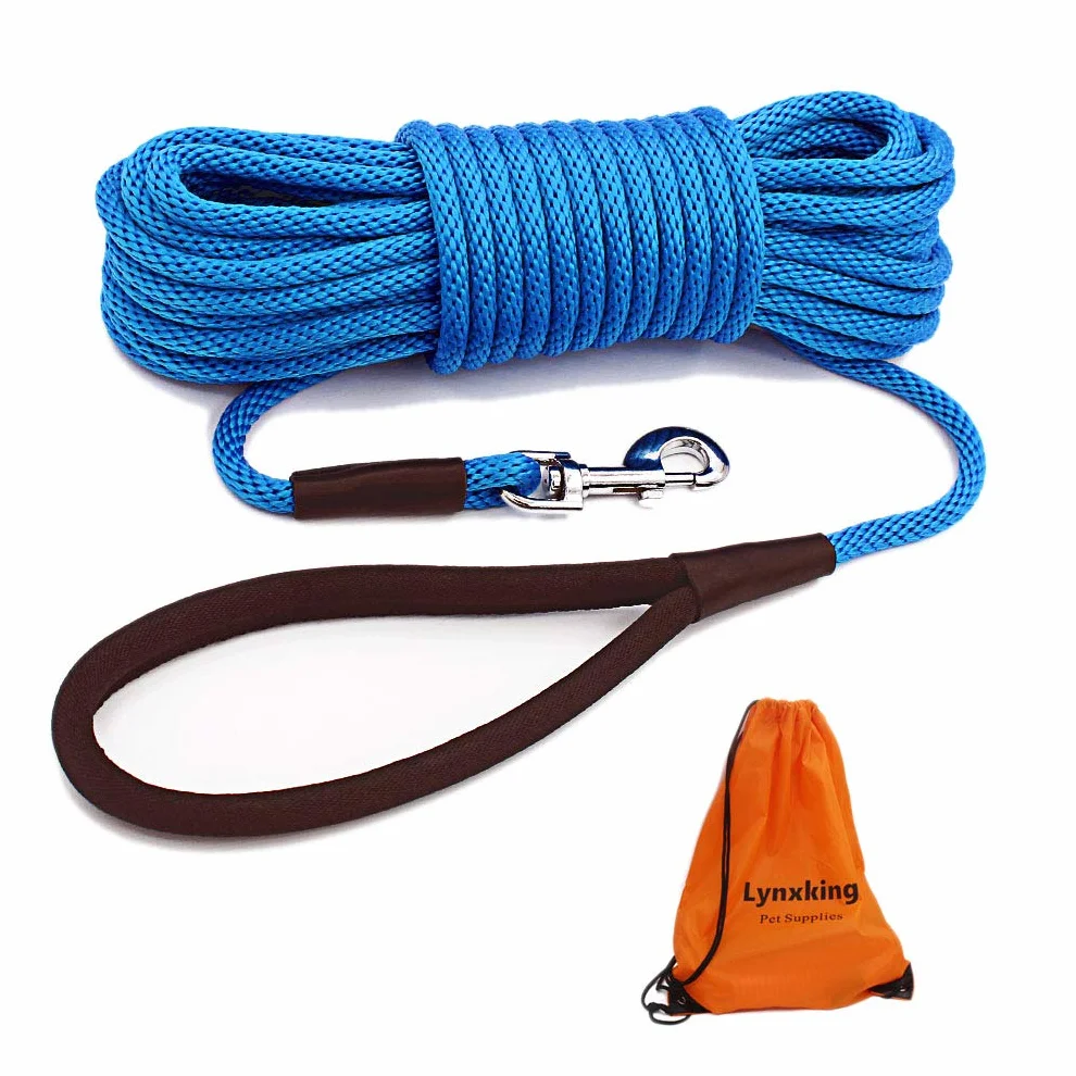 Lynxking - Guinzaglio a scacchi lungo per cani, con comoda maniglia, resistente, per cani di taglia piccola, media e grande (9,1 m x 3/8", blu)