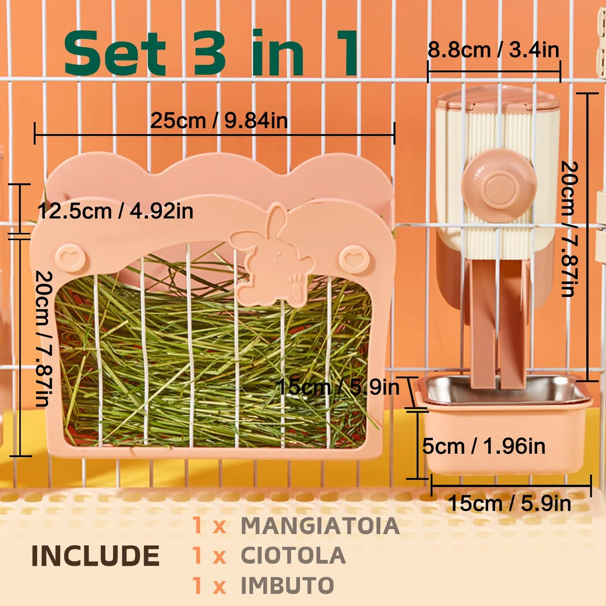 Porta Fieno Conigli, Set di alimentazione 3 in 1 con ciotola per cibo e imbuto sospeso per gabbia, Mangiatoia per Coniglio Cavia Cincillà Piccoli Animali (Rosa)