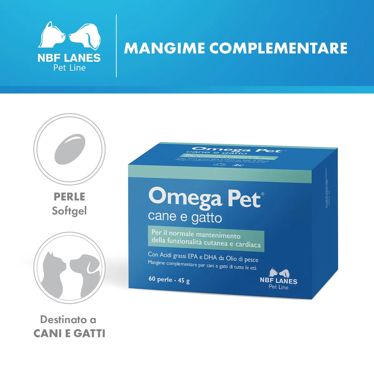 NBF Lanes | Omega Pet Cane e Gatto, 60 Perle Appetibili, per il Normale Mantenimento della Funzionalità Cutanea e Cardiaca