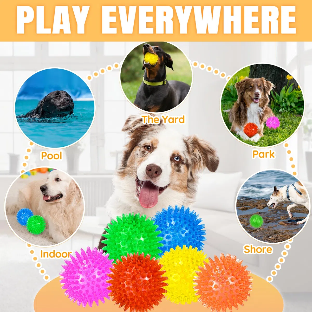 Palline Cigolanti per Cani - Confezione da 6 da 9 cm con Punte - per Cani di Taglia Media e Grande - Palla Giocattolo Progettata