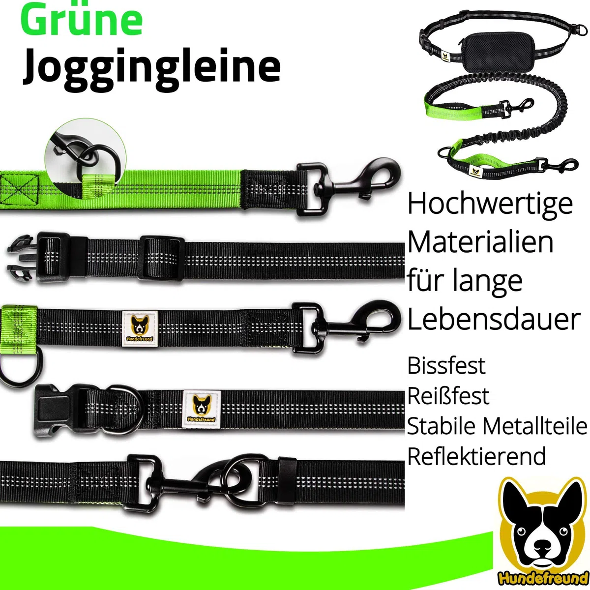 Guinzaglio da jogging | Per correre a mani libere, passeggiate ed escursioni | Corda di 120 cm (allungabile fino a 200 cm) con cintura in vita regolabile in nylon resistente allo strappo e con marsupio rimovibile