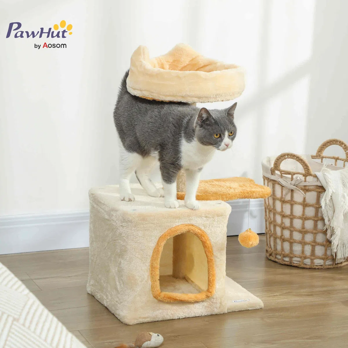 PawHut Albero Tiragraffi per Gatti con Posatoio e Casetta, Torre per Gatti in Truciolato, Peluche, cotone PP e Sisal, 40x30x72 cm, Beige e Giallo