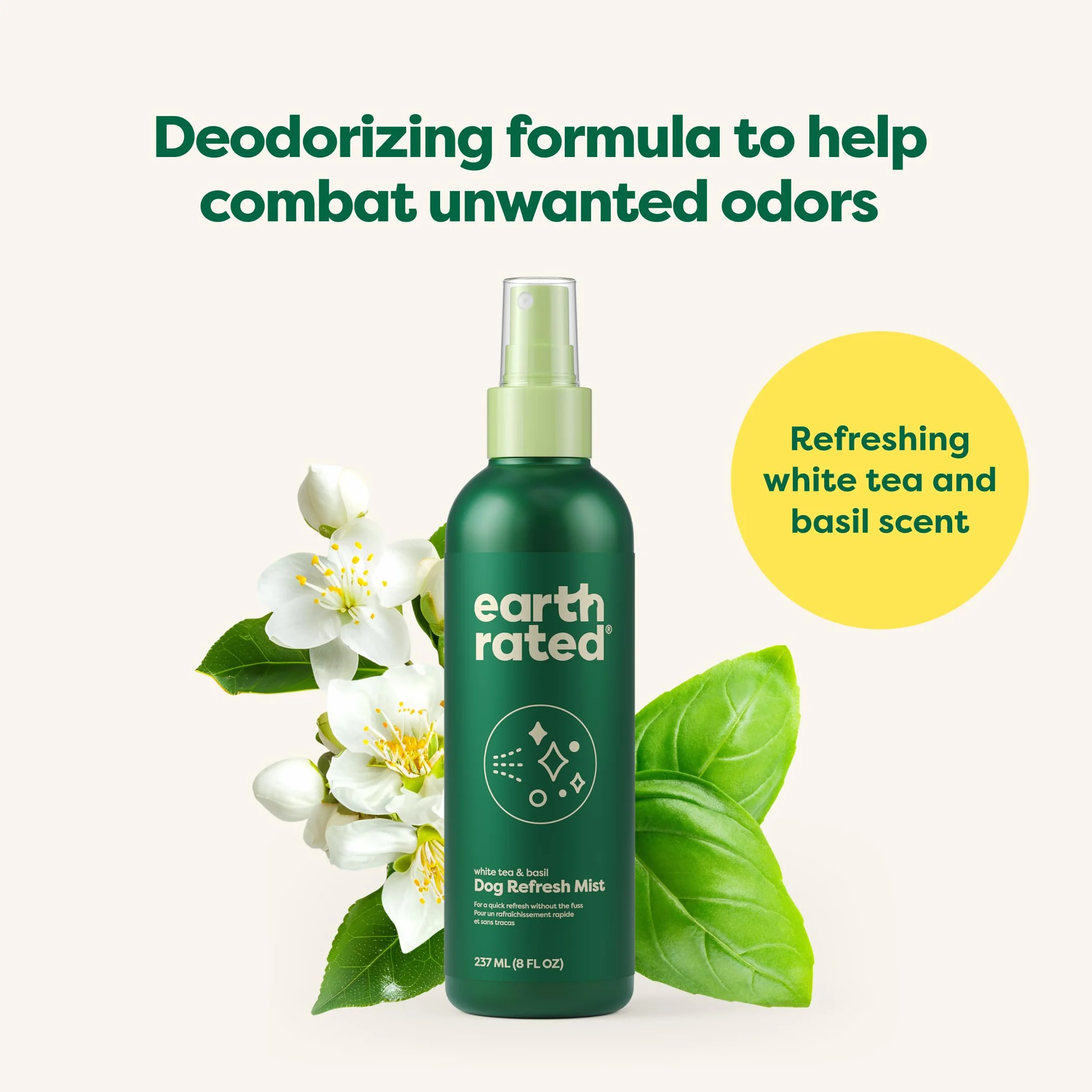 Earth Rated Deodorante spray per cani, balsamo e elimina odori per cani e cuccioli, per tutti i tipi di mantello, profumo rinfrescante di tè bianco e basilico, 8 once.