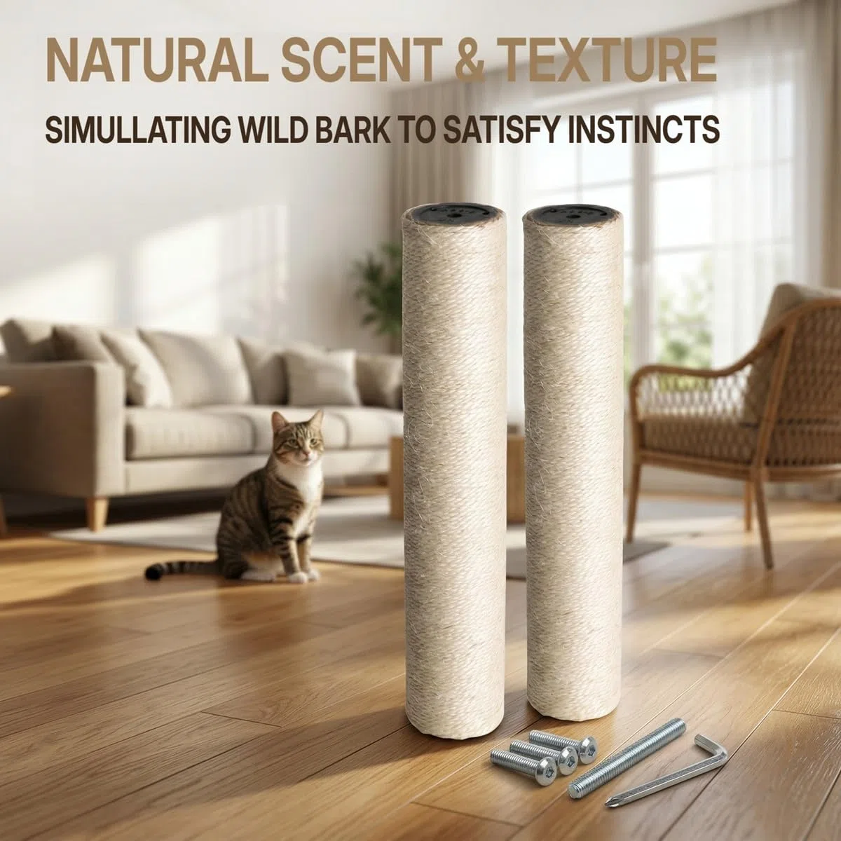 2PZ Tiragraffi per Gatti Ricambio 35 CM con Viti M8, Ricambio Albero Tiragraffi per Gatti, Palo di Ricambio per Tiragraffi, Corda di Sisal Naturale, Facile da Installare, Accessorio per Animali