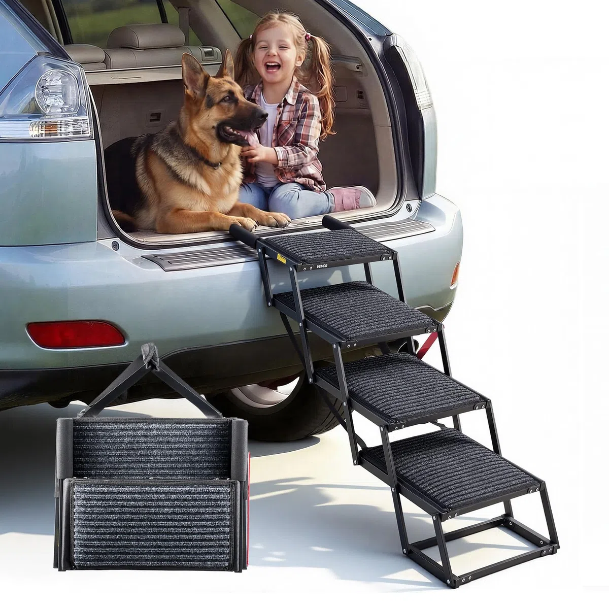 VEVOR Scaletta Pieghevole per Auto per Animali Domestici, Scala Pieghevole a 4 Gradini per SUV Camion Letti Divani per Animali Domestici Carico max 90,72 kg Superficie Antiscivolo, Extra Large