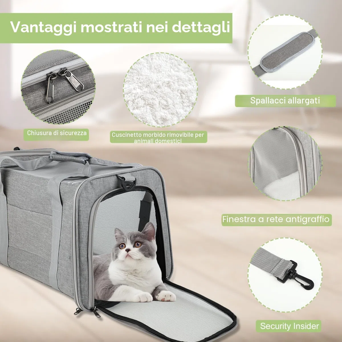 Trasportino Gatto Pieghevole – Borsa per Cani Leggera e Traspirante – Trasportino per Viaggi/Auto con Cintura Regolabile (Grigio)