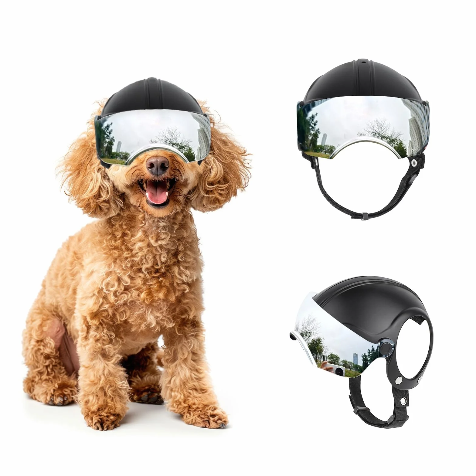 Enjoying Casco per Cani con Fori per le Orecchie, Casco per Animali con Lenti Argentate, Protezione UV, Protezione Dalla Sabbia, Adatto per Cani di Peso Compreso tra 7,5 e 12,5 kg