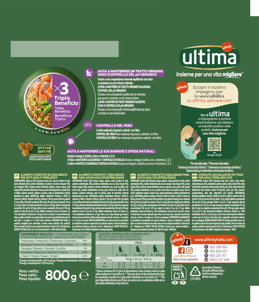 Ultima Sterilizzati Adult Salmone - Crocchette per gatti - Confezione da 8 x 800g - Totale 6,4kg