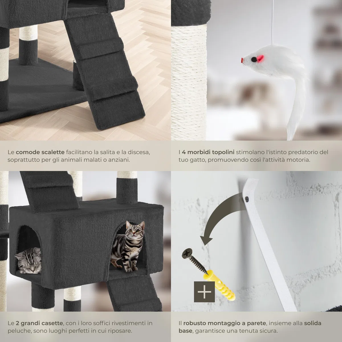 tectake® Tiragraffi per Gatti, Albero per Gatto con 2 Casette in Peluche, 4 Topolini da Gioco per Felini, 3 Piattaforme, Struttura Robusta, Tiragraffi felino a più Piani - Nero