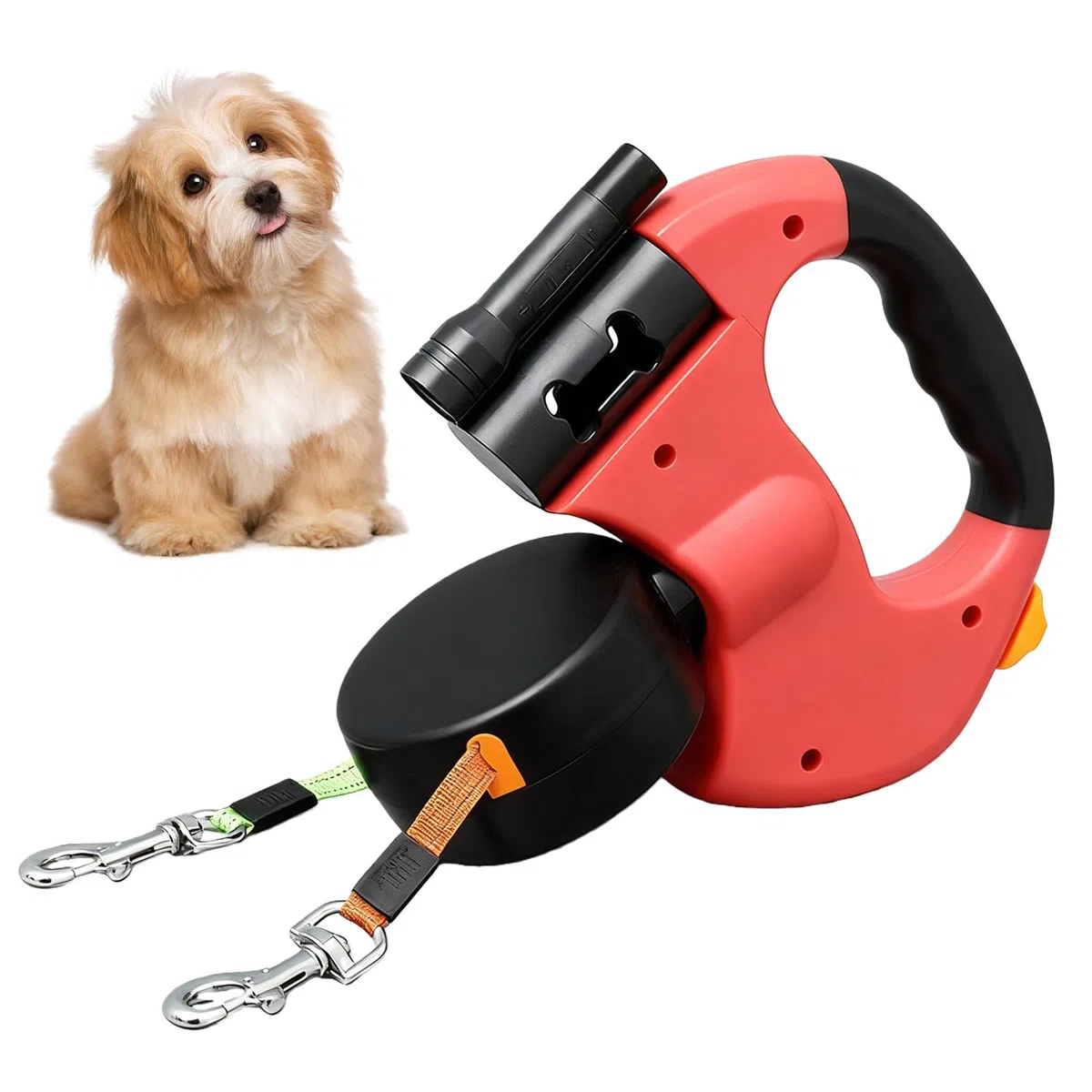BAIFULAI Guinzaglio retrattile per 2 cani, 3 m, doppio guinzaglio per 2 cani con luce, impugnatura antiscivolo, allungabile, guinzaglio per cani di piccola e media taglia (rosso)