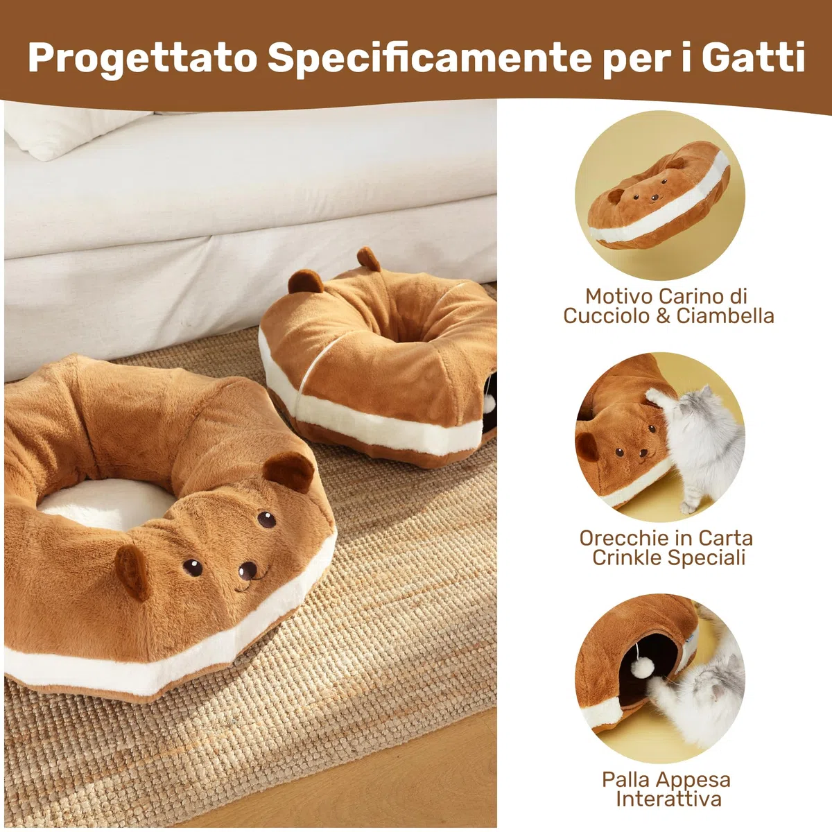 FUKUMARU Tunnel per Gatti,Cuccia Pieghevole XL Con Orecchie di Carta Increspata,Cuscino Lavabile,Tunnel Rotondo a Forma di Ciambelle per Animali Domestici,Giocattolo per Gattini e Conigli,
