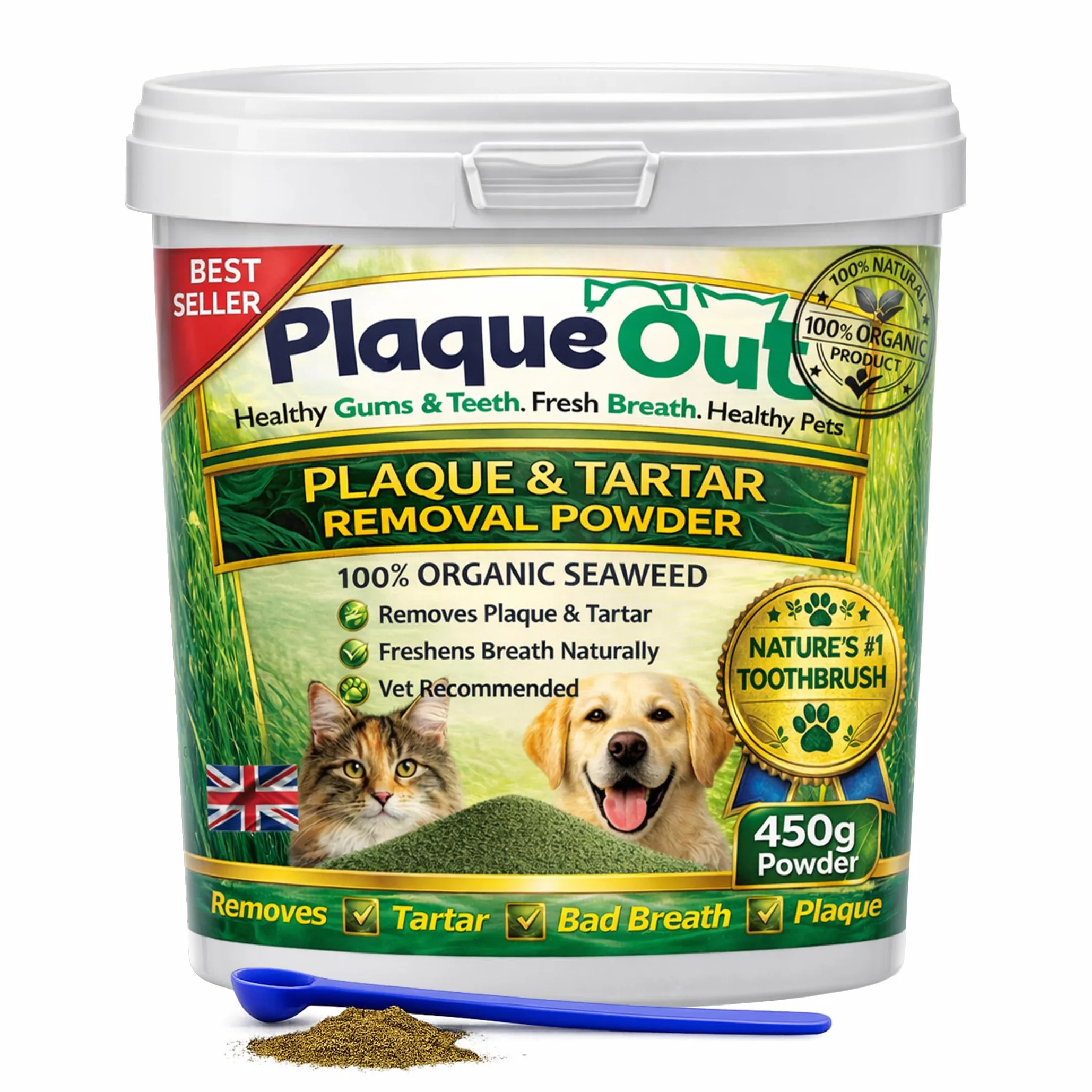 PLAQUE OUT 450G Tartaro e Placca Off Remover, Alito Cattivo Denti Gum Care per Cani, Gatti 100% Biologico