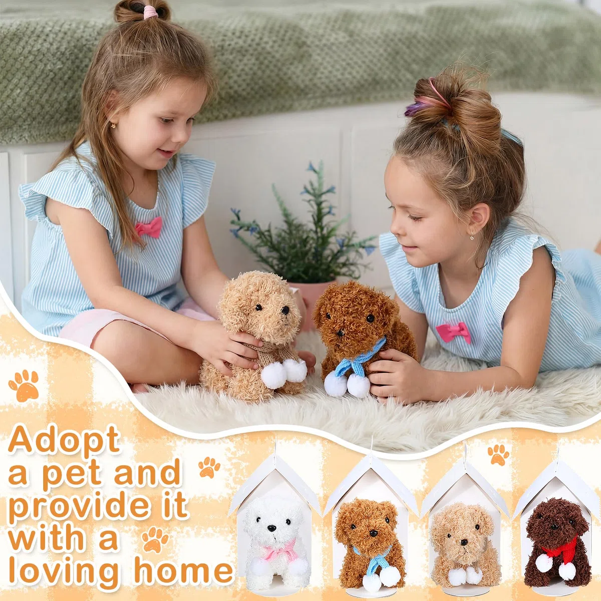 60pcs Adopt a Puppy Dog Party Favors Peluche Cani Ripieni Giocattoli Set Include 12 Mini Animali Di Peluche Animali, 12 Sciarpe Cucciolo, 12 Carte Adozione, 12 Scatole Casa, 4 Segnali di