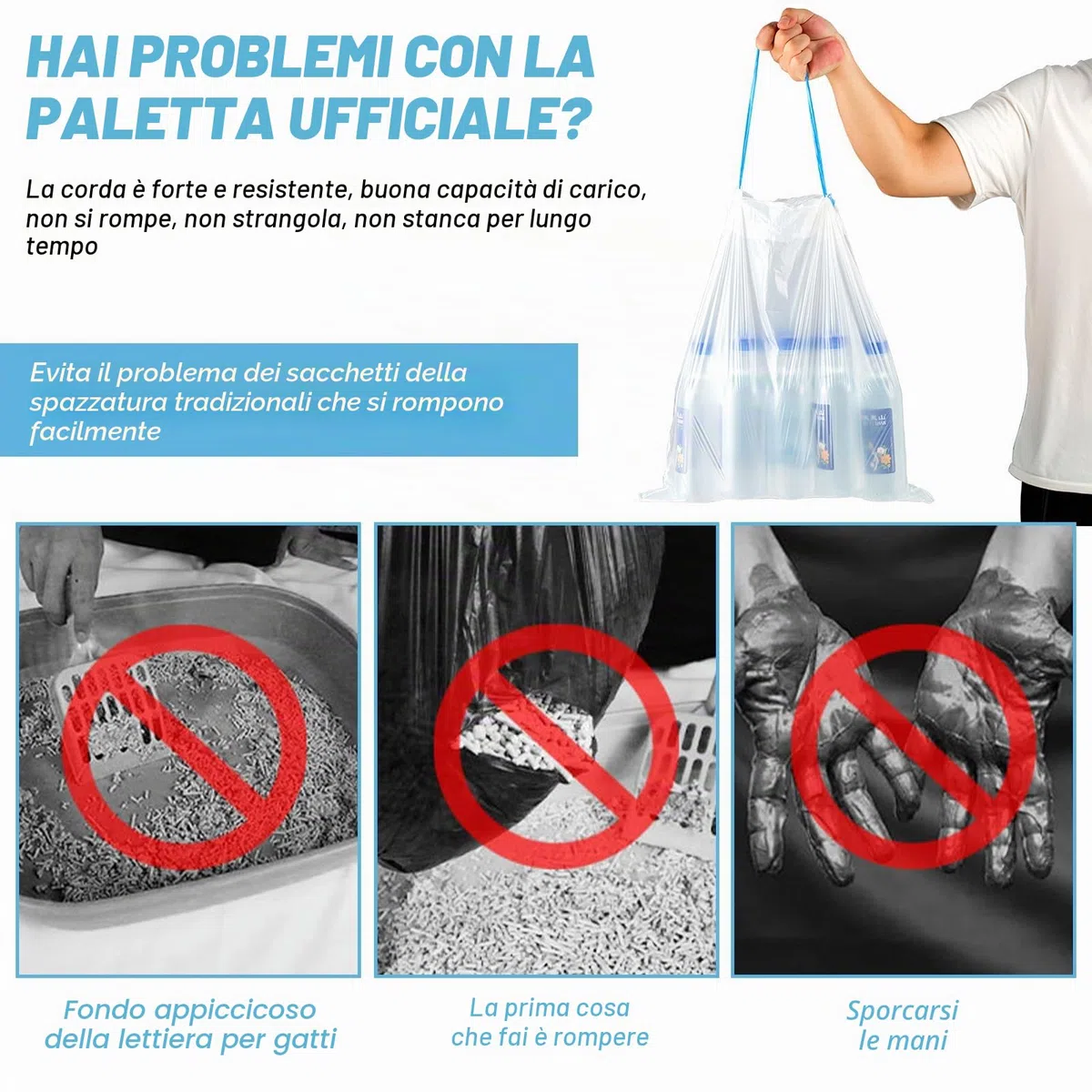 Sporgo 90 Sacchetti per la Spazzatura Con Maniglia: Autopulenti per Gatti, 45 x 50 cm, per Lettiera, Resistenti Con Cordoncino