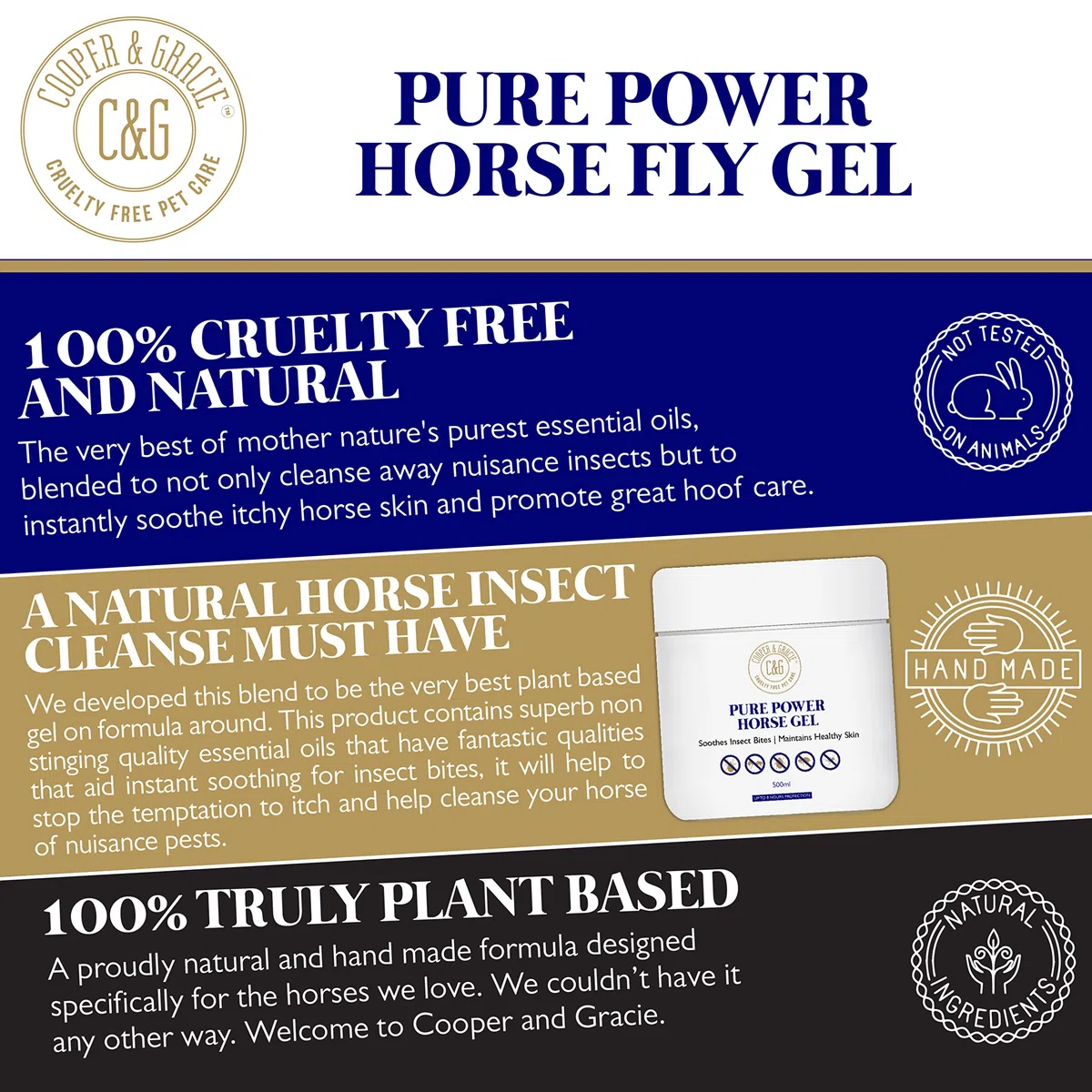 C&G Pets | Pure Power Horse Fly Gel | Respinge Gli Insetti mordenti | Lenisce e idrata la Pelle Che Prude | Formula alla Citronella Resistente al Sudore di 8 Ore | 100% Organico e Naturale 500ml