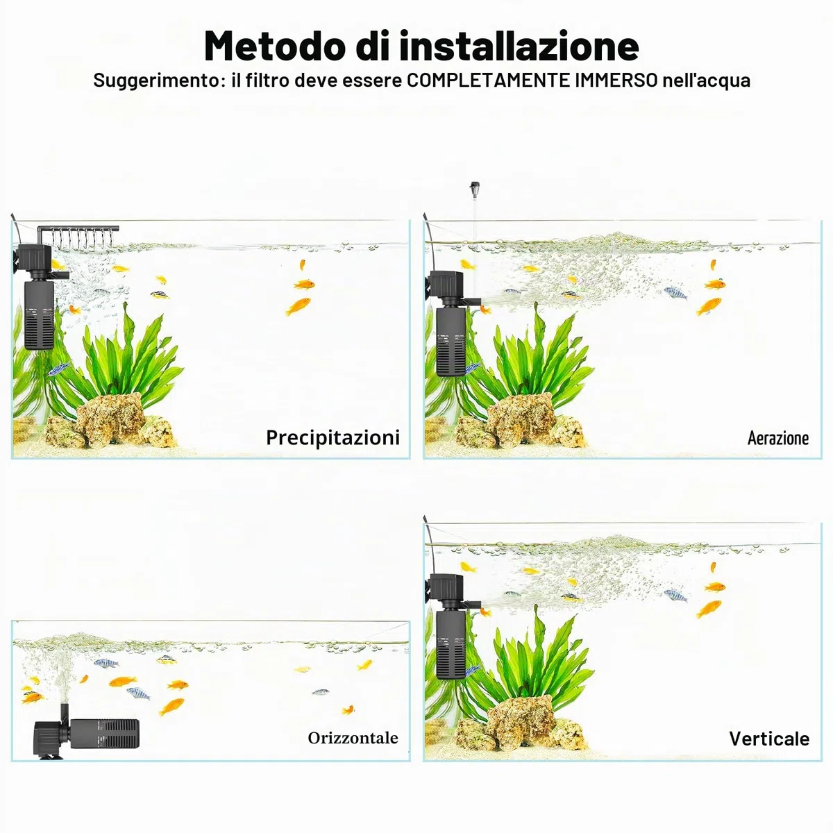 AQQA Filtro per acquario, 4 en 1, pompa filtro per acquario, 450 l/h, filtro interno regolabile per serbatoio fino a 120 l (12 W)
