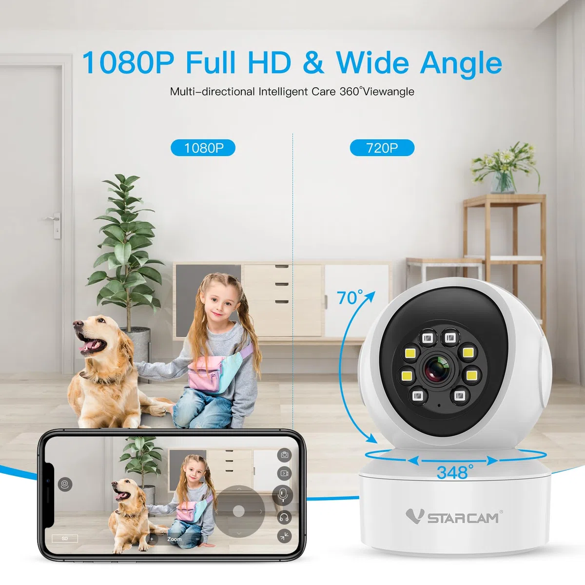 VSTARCAM Telecamera di sorveglianza interna – 2K QHD, 360° WLAN per cani con app, rilevamento automatico, audio a 2 vie, rilevamento del movimento, visione notturna a colori fino a 9 m, fino a 256 GB