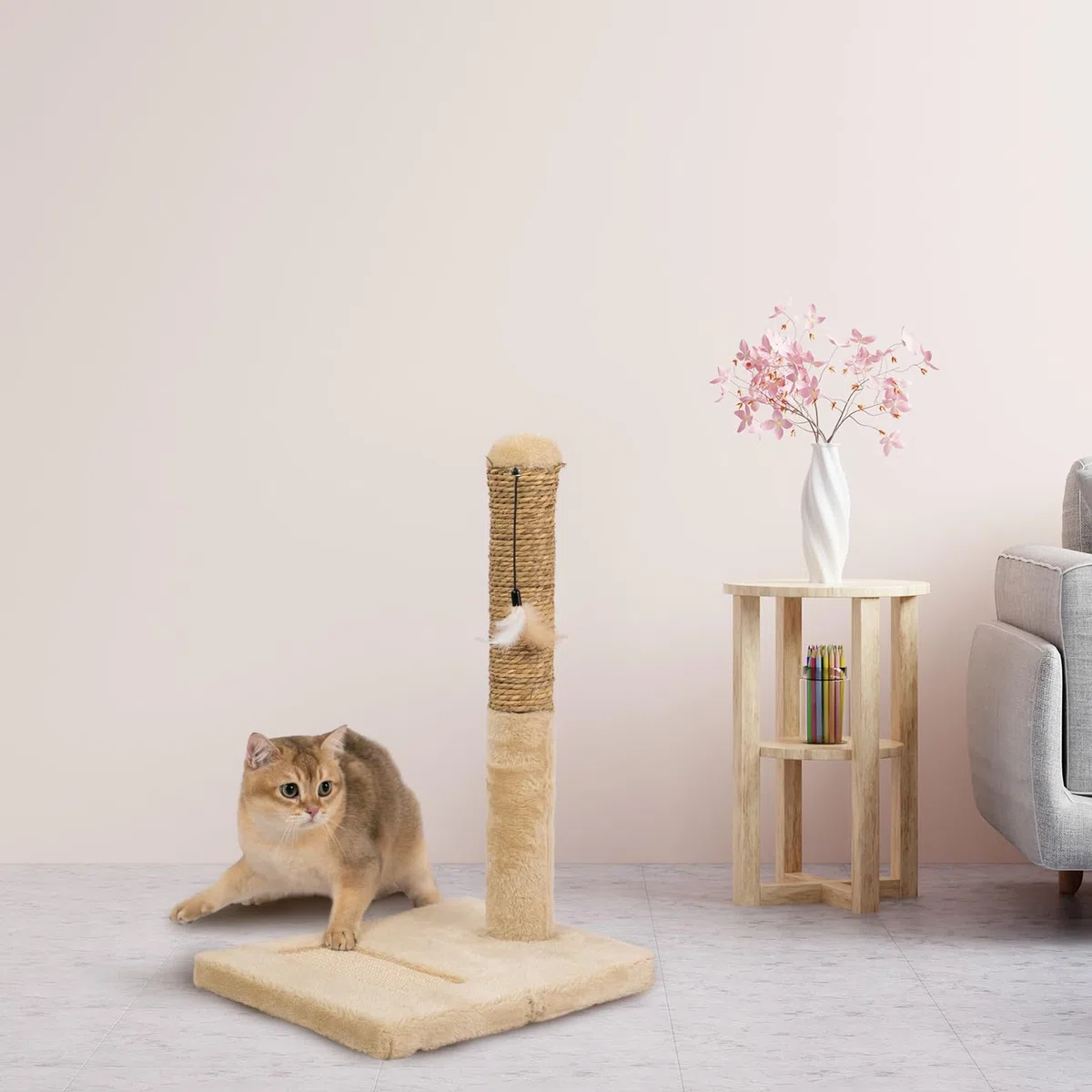 Tiragraffi per Gatti Rivestito in Sisal Naturale altezza 52 cm, Gioco per Gatti - Beige