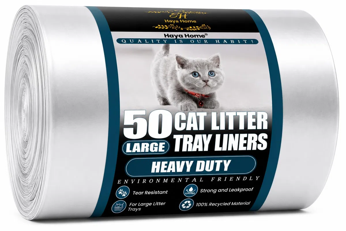 HayaHome Eco - 50 sacchetti per lettiera per gatti grandi, resistenti, su rotolo, 40 μm, 80 x 36 cm, in plastica antigraffio, ecologici, 100% materiale riciclato