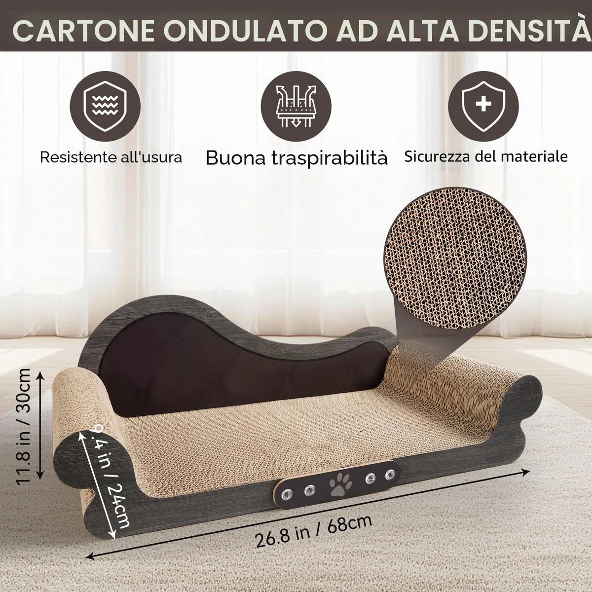 Tiragraffi per Gatti Adulti XXL - Tiragraffi Cartone 68cm Design Divano - Cartone Ondulato Rinforzato - Per Lettino Gatti e Soggiorno