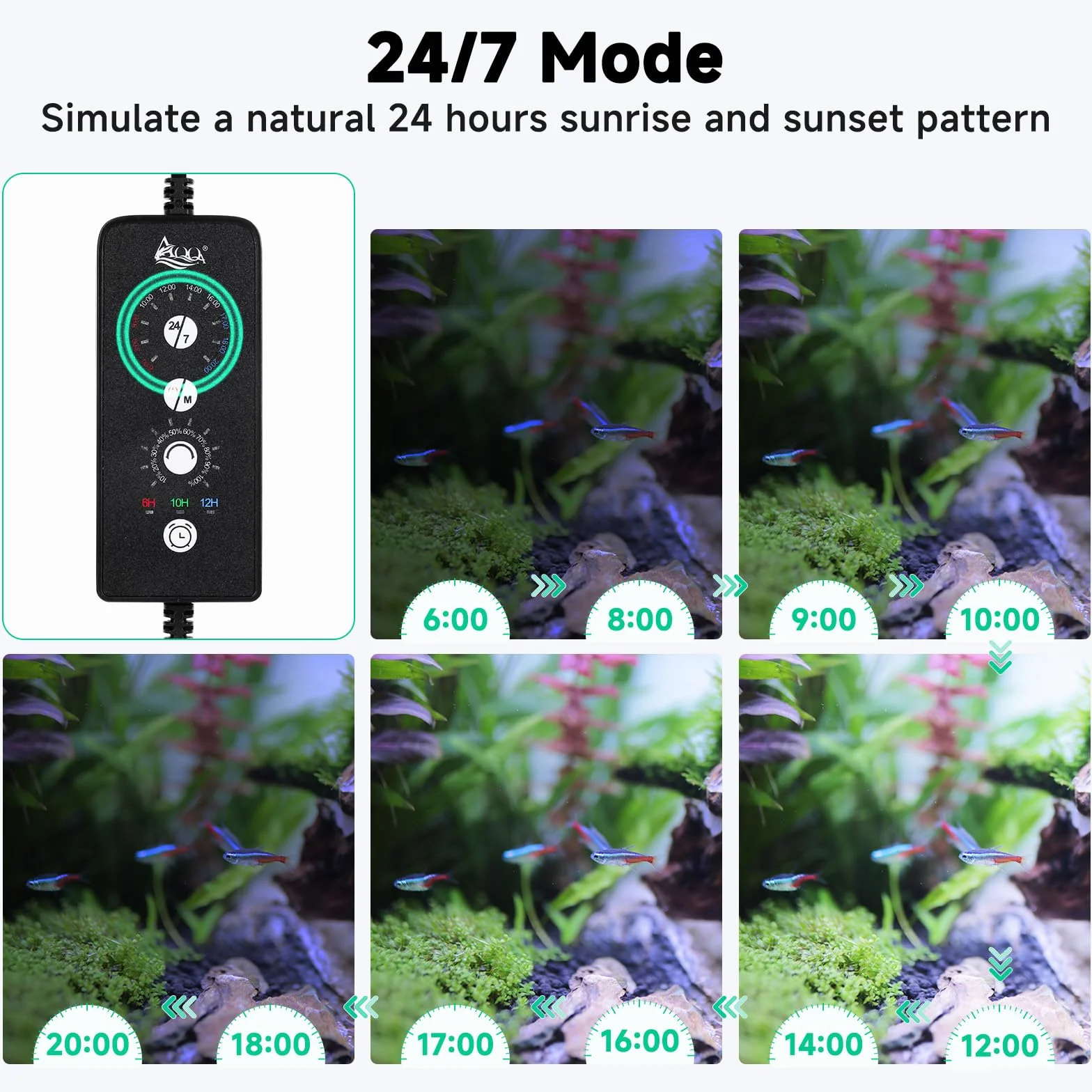 AQQA Luce LED per Acquario 12 W, Spettro Completo Modalità 24/7, Timer Regolabile, Braccio Estensibile, per Vasche 30-45 cm
