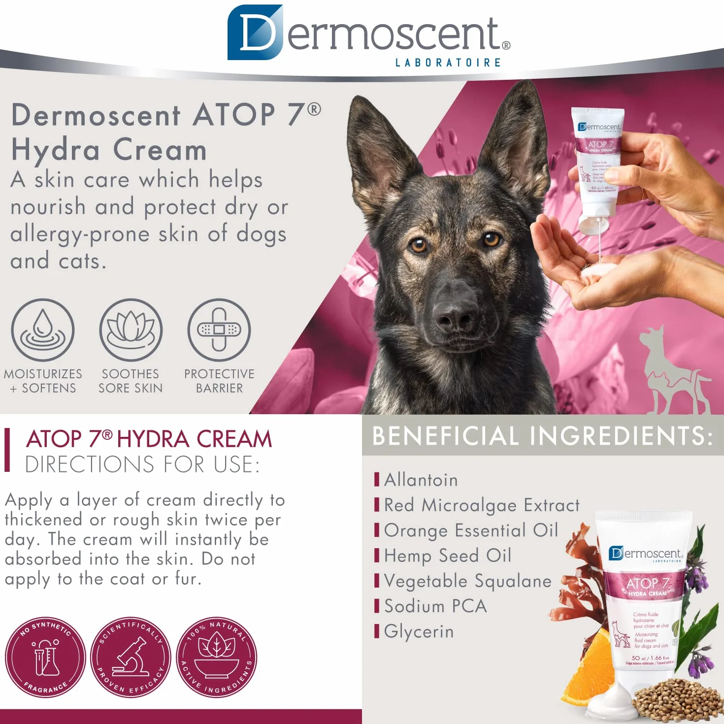 Dermoscent ATOP 7 Hydra Cream per cani e gatti per alleviare il prurito della pelle secca e soggetta ad allergie - Formulato dal dermatologo veterinario - 50 ml / 1,66 fl. oncia.