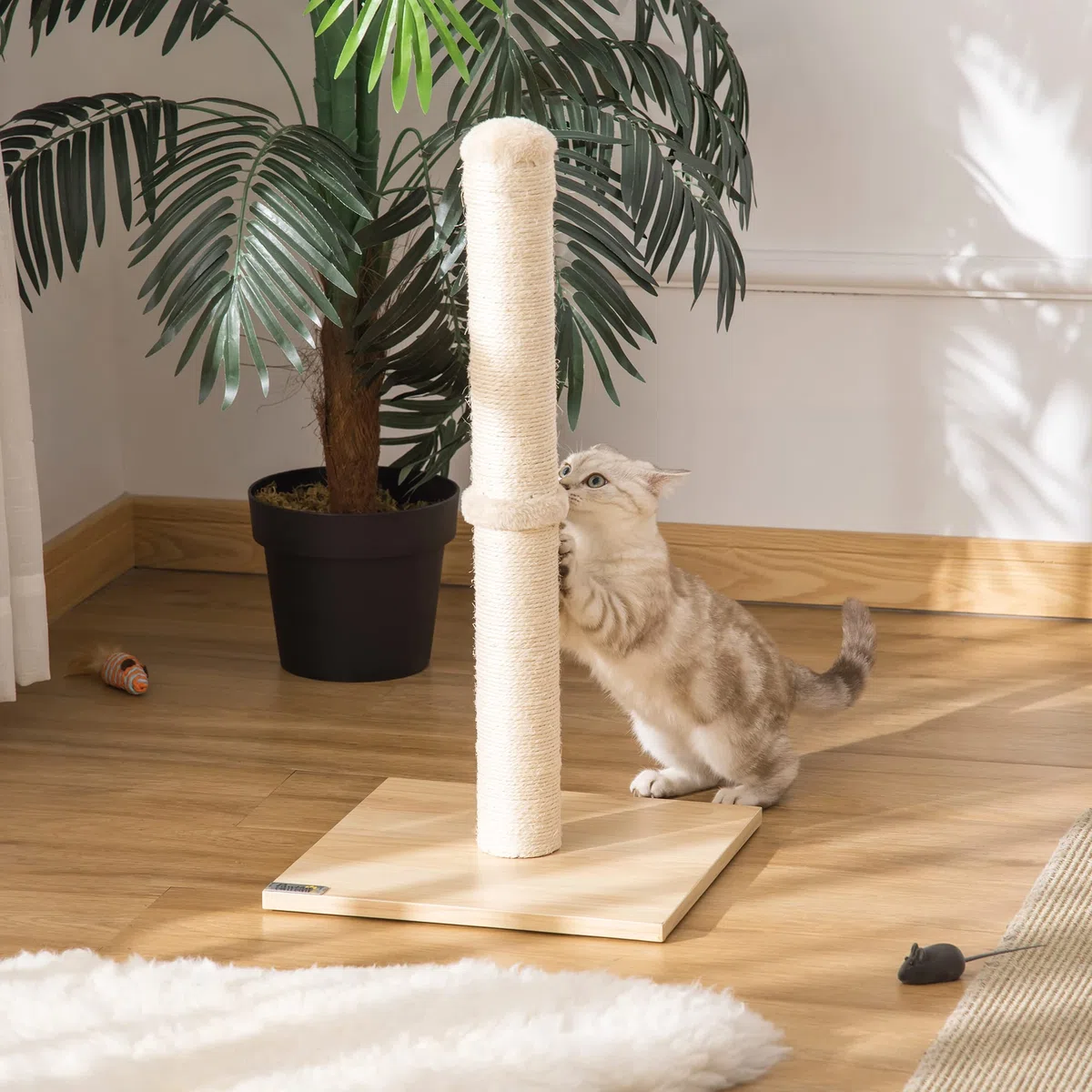 PawHut Tiragraffi per Gatti con Palo in Sisal Alto 60 cm, Mini Albero Tiragraffi Salvaspazio Multiuso con Base in Truciolato, Beige