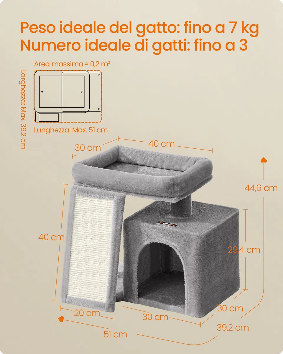 Feandrea Albero per Gatti Piccolo, Torre Tiragraffi per Gatti con Casetta, Rampa Graffiatoio Grande, Cuccia Superiore, Grotta, Alto 44,6 cm, Grigio Tortora PCT010GD01