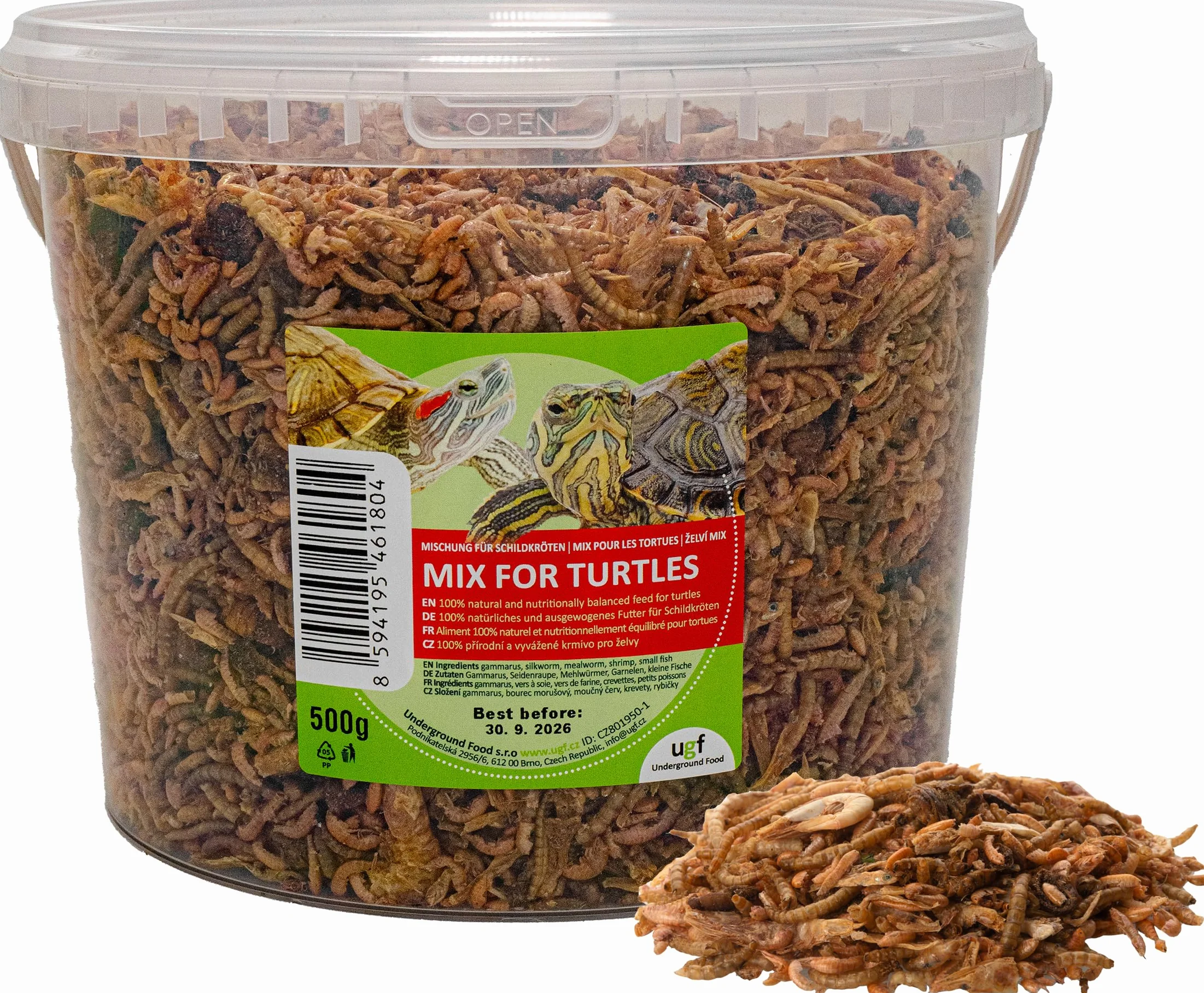 UGF - Mix universale di cibo per tartarughe - 500 g in un secchio da 3 litri, cibo bilanciato per tartarughe, gammarus, bachi da seta, vermi della farina, gamberetti e pesce essiccato
