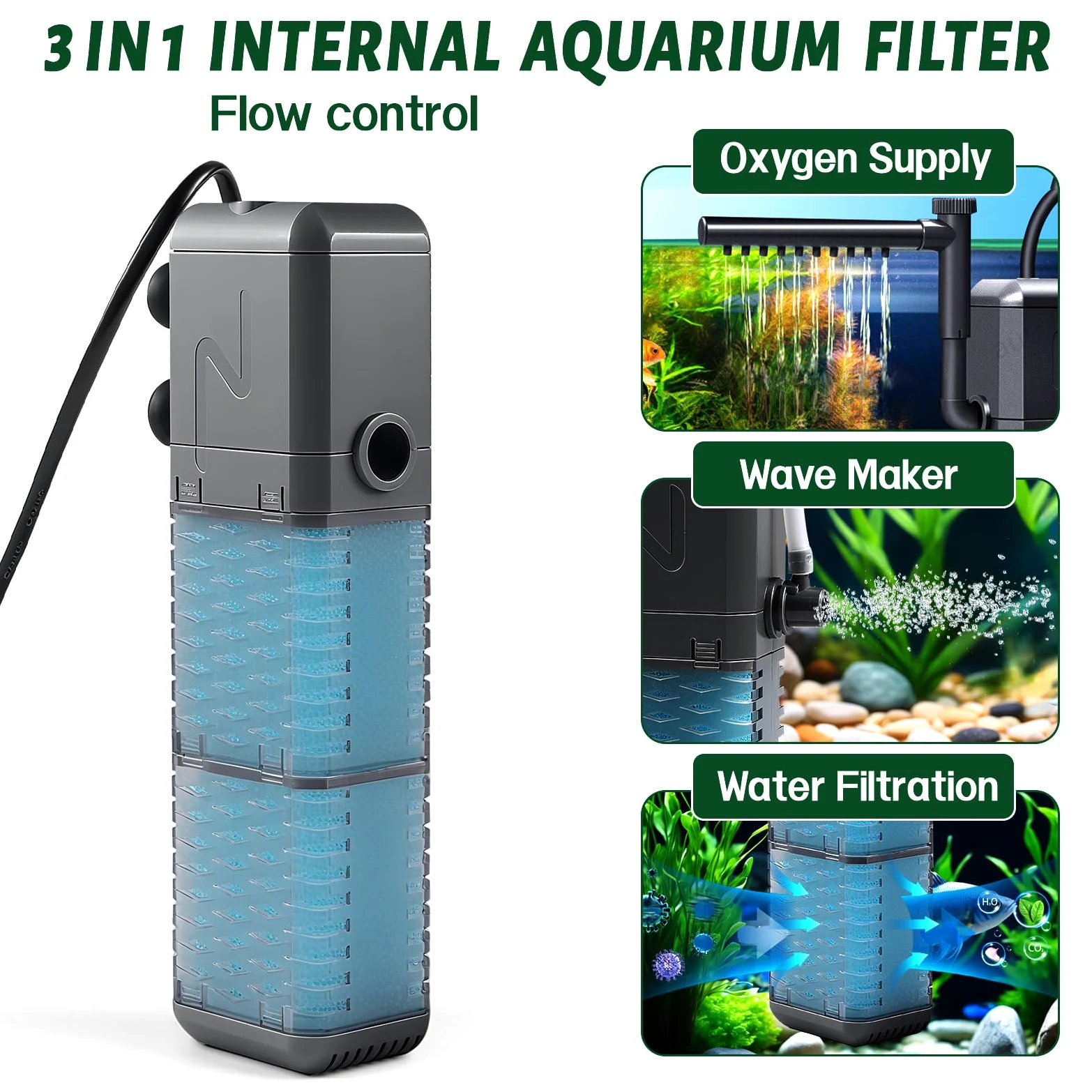EXLECO Filtro Interno Acquario 9W, Pompa Filtri Interno per Acquari Regolabile 800L/H 1.1M con 2 Spugna Filtrante, Filtro Tartarughe d'Acqua Silenzioso con Spray Bar per 20-50L Piccoli Pesci Vasca