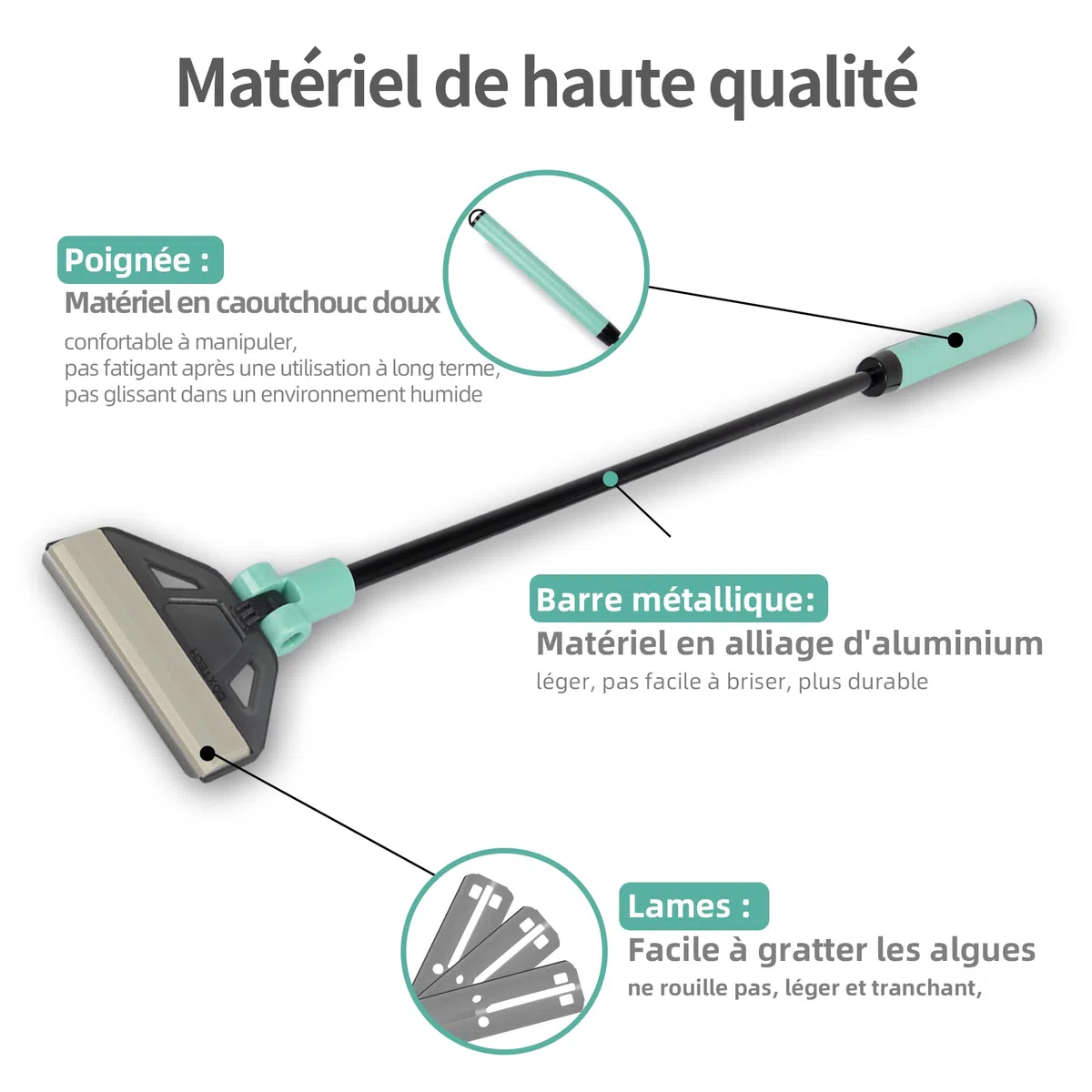boxtech Raschietto anti-alghe, strumento di pulizia dell'acquario Kit - 5 lame in acciaio + spazzola, manico 50 cm per acquario in vetro