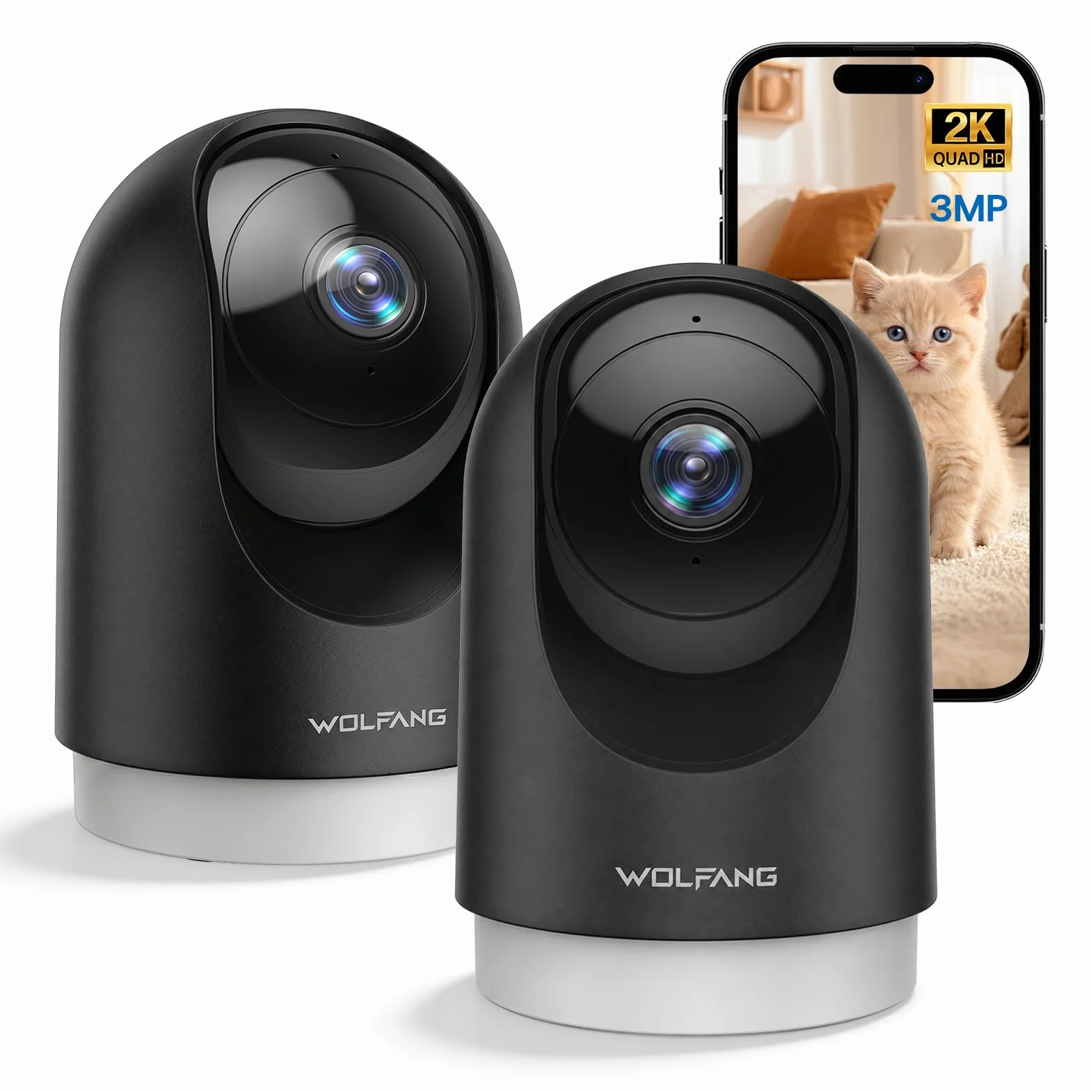 WOLFANG Telecamera Wi-Fi Interno 2K, Telecamera per Cani con Rilevamento Movimento e Visione Notturna, Baby Monitor con Audio Bidirezionale, Compatibile con Alexa/Google, Senza Canone Mensile, 2 Pezzi