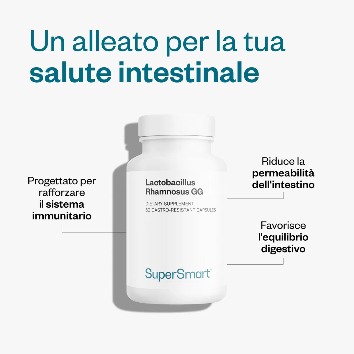 Lactobacillus Rhamnosus GG - Probiotico - Equilibra il Microbiota e la Flora Intestinale - Rinforza il Sistema Immunitario - Stimola la Produzione di Lactobacillus - 60 Capsule - SuperSmart