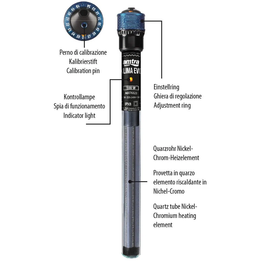 Amtra Klima EVO - Riscaldatore automatico per acquari, da 25 L fino a 50 litri, regolabile da 18 a 34 gradi, provetta in quarzo infrangibile, con ventose, potenza 50W