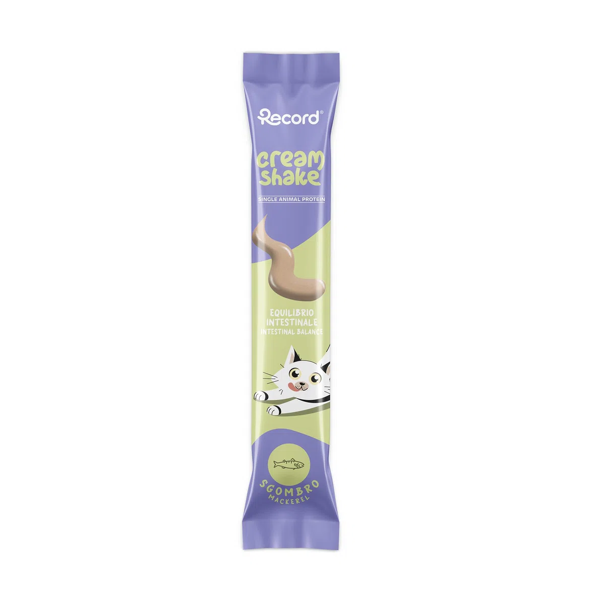 Record - Cream Shake Snack Cremoso per Gatti "Intestinal Care" al Sgombro, 12 Pack (7 Stick da 12 g). Monoproteico, con FOS e Inulina, Anti Boli di Pelo per sostenere la funzionalità intestinale