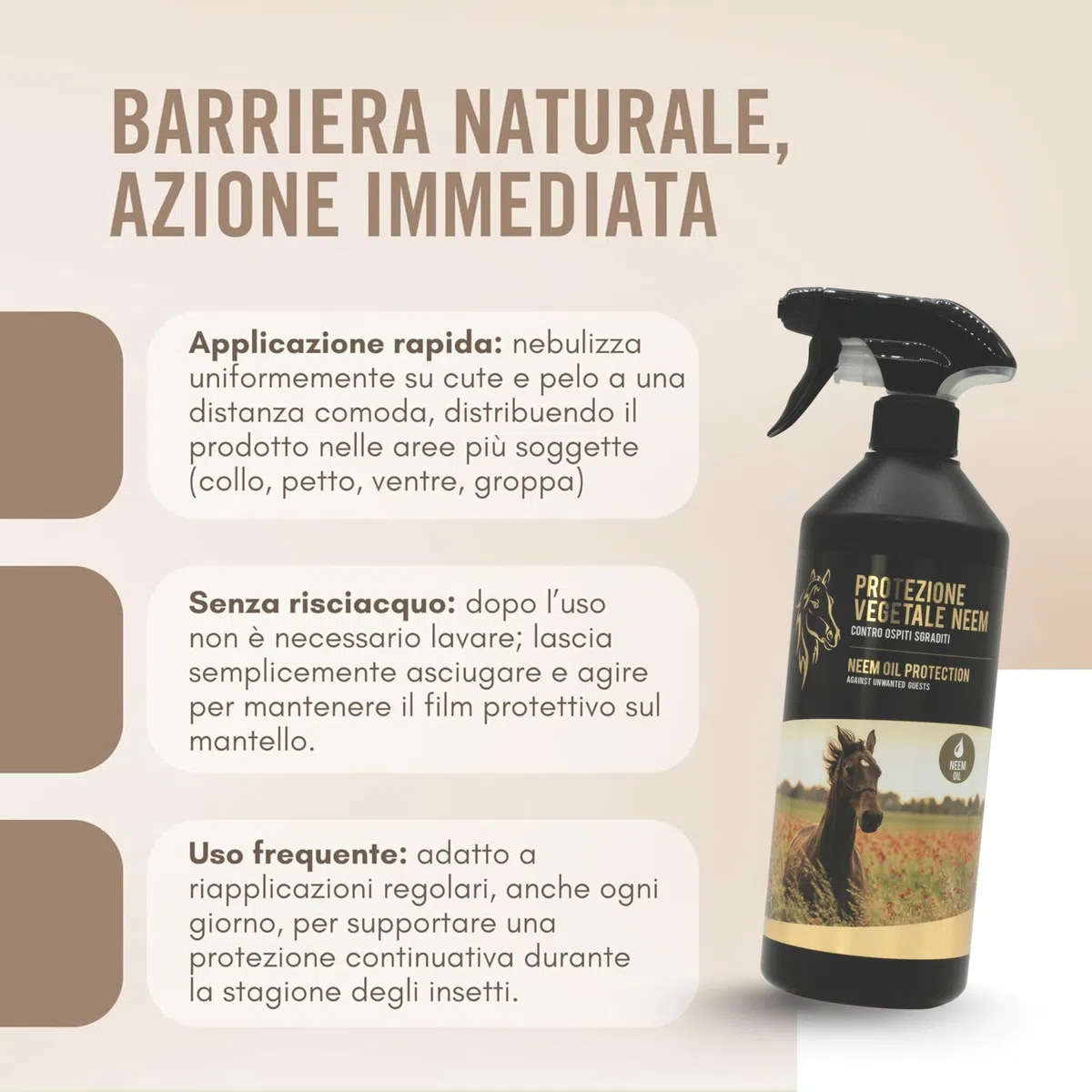 Olio di Neem per Cavalli 750 ml - Repellente Insetti Spray Protezione Vegetale Contro Mosche, Zecche, Zanzare e Tafani Neem Oil Naturale Senza Risciacquo, Uso Frequente