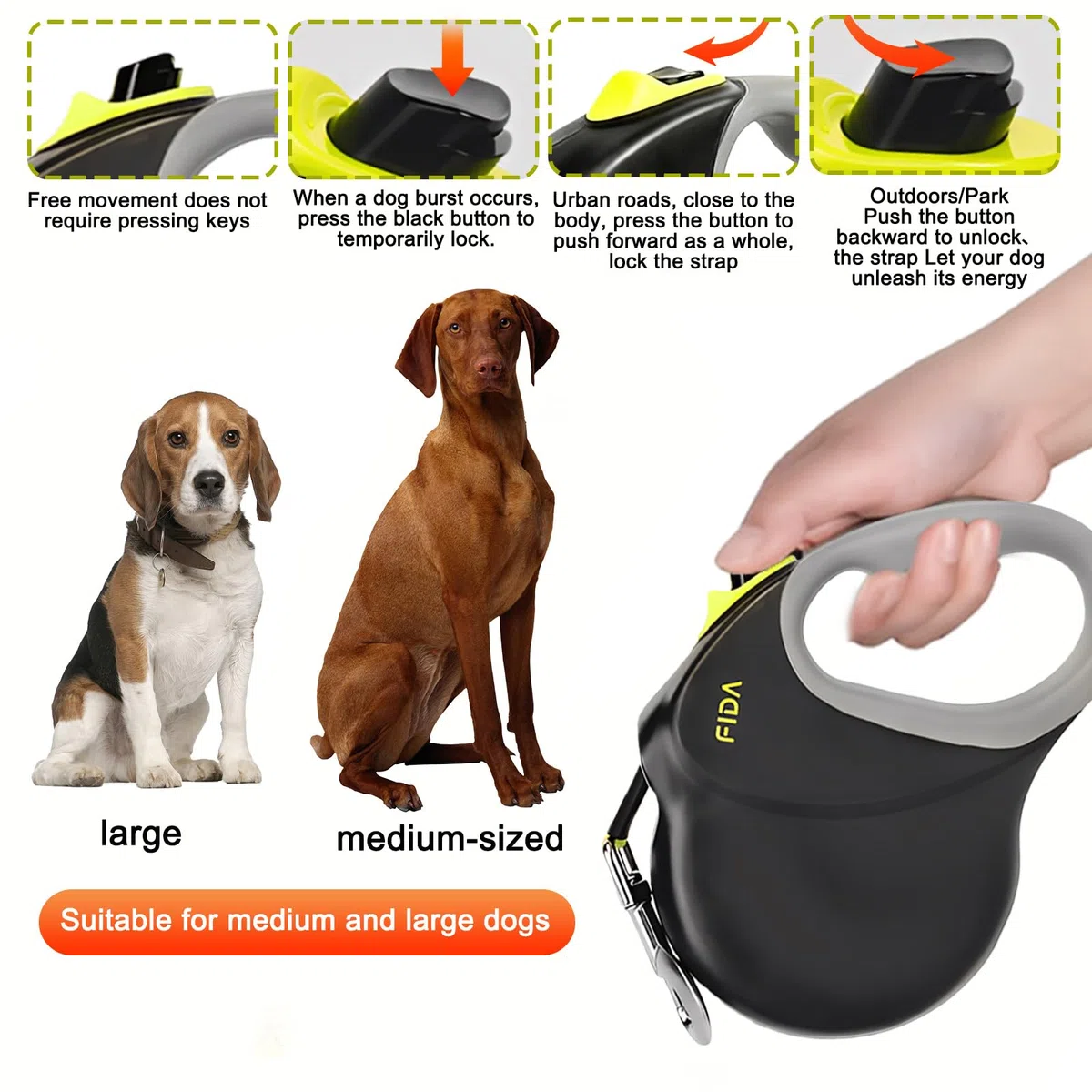 Guinzaglio Cane, Guinzaglio Retrattile Per Cani, Guinzaglio Per Cani Allungabile Riflettente, Impugnatura Ergonomica, Nylon Resistente, Lunghezza 8 Metri, Fino A 50 Kg, Nero E Giallo