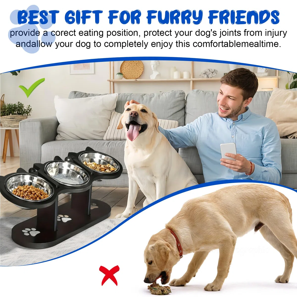 GOMETY Ciotola per gatti 3 in 1, rialzata, set da 3 pezzi, con 3 ciotole in acciaio inox, altezza regolabile, con supporto in legno, ergonomica, per cani (nero)