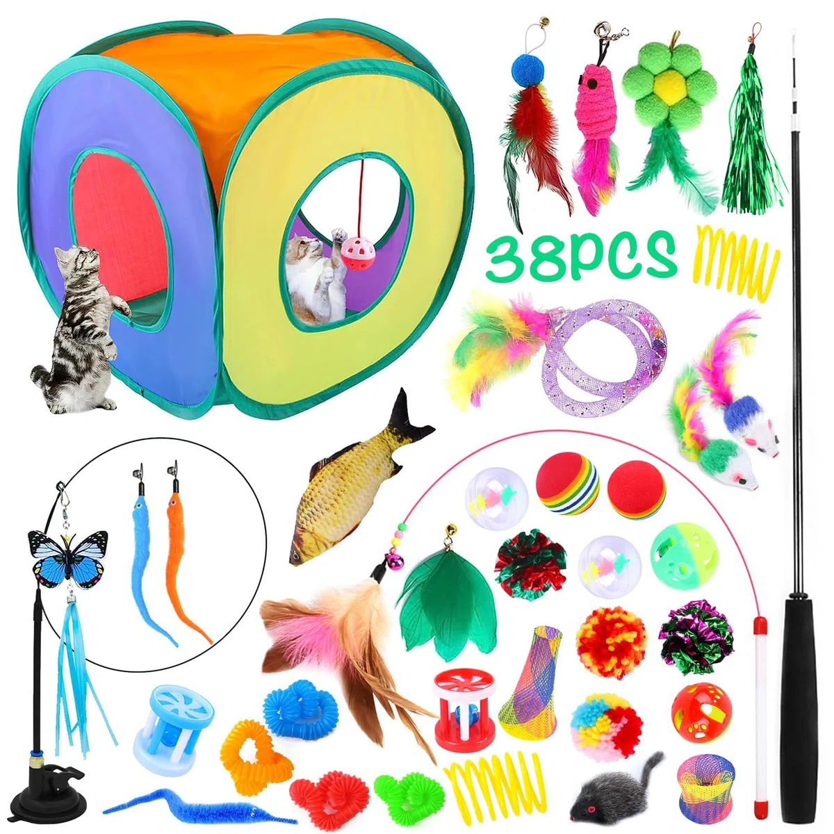 Set di 30 giocattoli per gatti, con tunnel per gatti, piume, peluche, topolini, giocattoli per gattini, cuccioli e gattini