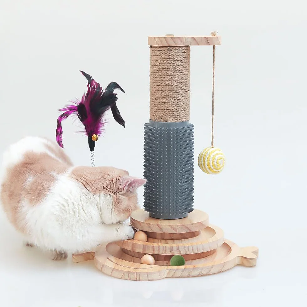 Marchul 5 in 1 Giocattolo per Gatti: Tiragraffi per Gatti in Sisal con Pettine in Silicone, Torre Giocattolo con Palla Appesa e Palla Interattiva con Piuma Elastica per Giocare al Chiuso